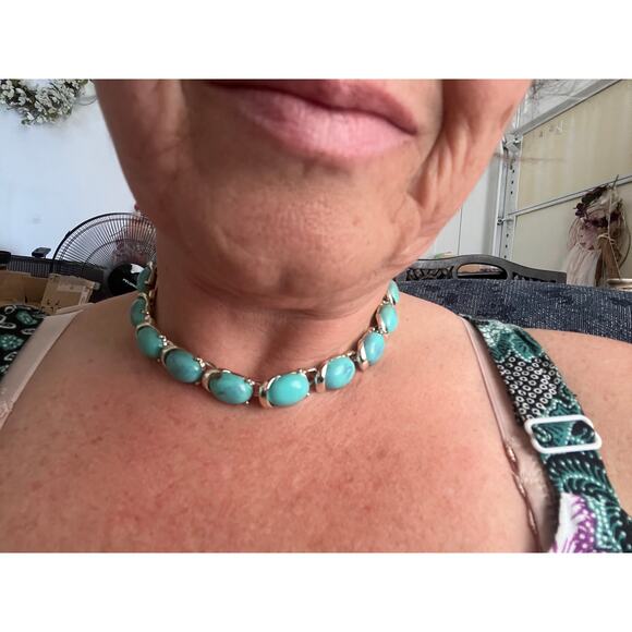 Vintage Coro Faux Turquoise Cabochon Thermostats Necklace Chocker 1950 1960 - Picture 4 of 7